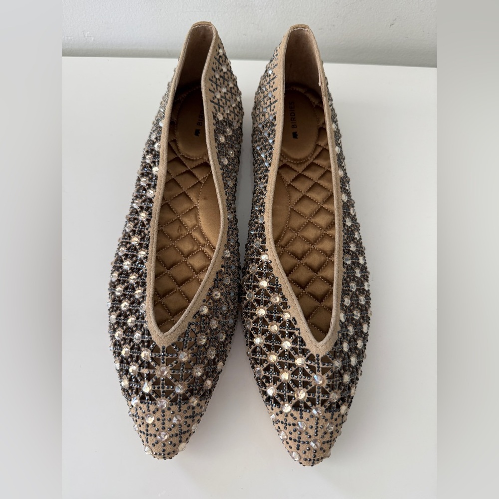 NWOB BIRDIES Goldfinch Quartz Crystal Tan Pointy Toe Ballet Flats Shoes Size 9